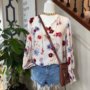 Lucky Brand Floral V-Neck Blouse with Smocked Sleeves | Lightweight Boho Top 🤩